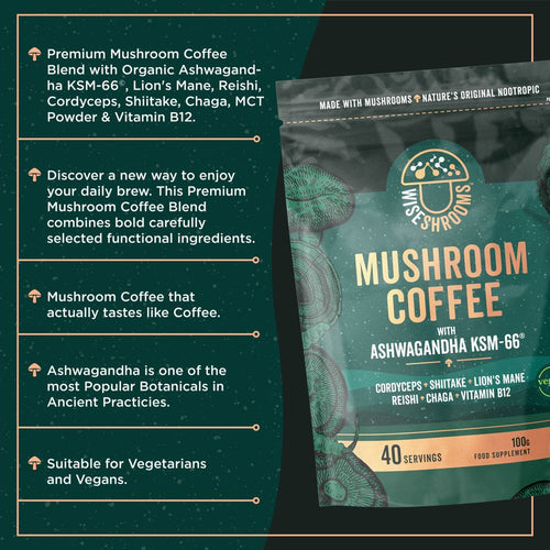 Wiseshrooms Mushroom Coffee 100g Vegan Powder pouch, with Ashwagandha KSM-66, Cordyceps, Shiitake, Lion's Mane, Reishi, Chaga, B12.