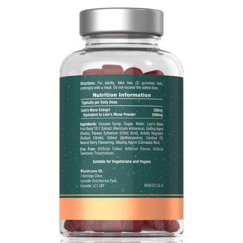 A jar of red Lion's Mane vegan gummies, labeled with 200mg extract, equal to 2000mg powder per daily dose.