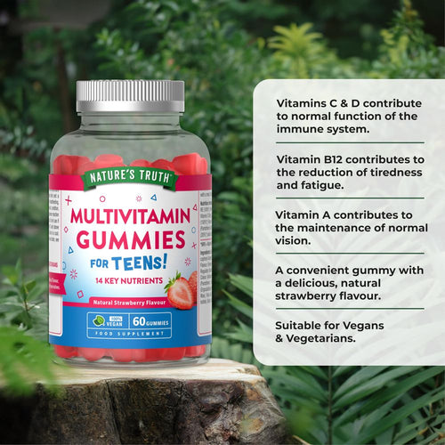 A hand holding a bottle of NU Teen Multivitamin with 60 vegan gummies, natural strawberry flavor.
