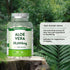 Clear bottle containing 60 white 20,000mg vegan Aloe Vera tablets, visible through the packaging.
