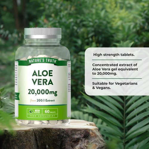 Clear bottle containing 60 white 20,000mg vegan Aloe Vera tablets, visible through the packaging.