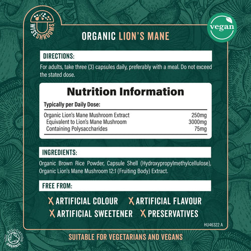 Hand holding Organic Lion's Mane 3000mg Equivalent Vegan Capsules info panel, detailing nutrition, ingredients, and free from claims.