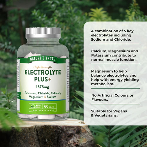 NU Electrolyte Plus bottle, contains 60 vegan tablets, each 1575mg. Held in hand for scale.
