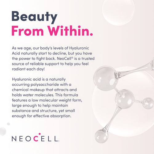 Product highlights graphic stating NeoCell Hyaluronic Acid combats aging, enhances radiance, hydrates, with low molecular weight.