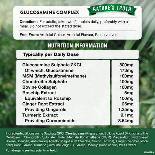 Two tablets contain Glucosamine Sulphate 800mg, Glucosamine 473mg, MSM 100mg, and Chondroitin Sulphate 100mg.