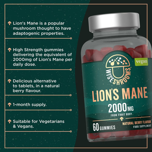 Product highlights graphic stating: Lion's Mane, adaptogenic properties, 2000mg equivalent gummies, natural berry flavor, 1-month supply, Vegan.
