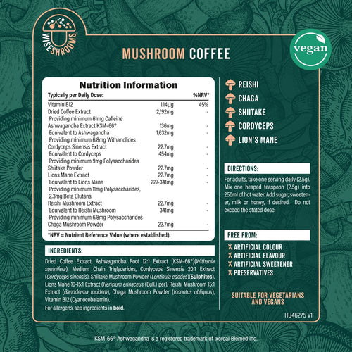 Mushroom Coffee label showing nutrition information, directions, ingredients, Free From claims, and suitable for vegetarians and vegans.