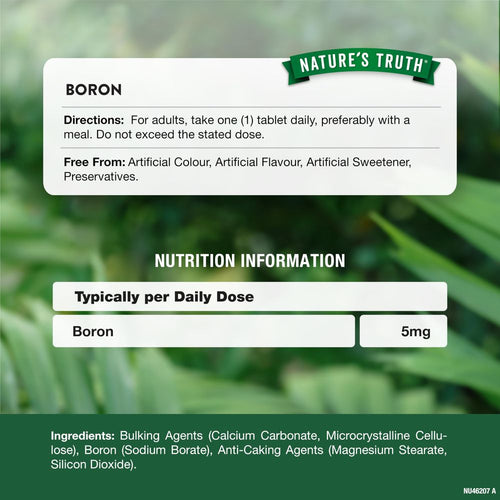 Information panel for Boron 5mg. Directions state to take one tablet daily, providing 5mg of Boron.