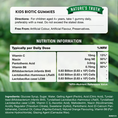 Supplement Facts panel for NU Probiotic for Kids 60 Vegan Gummies, displayed on a bulk scale with a hand scale in the image.