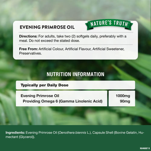 Two Evening Primrose Oil softgels provide 1000mg Evening Primrose Oil and 90mg Omega 6 (Gamma Linolenic Acid).