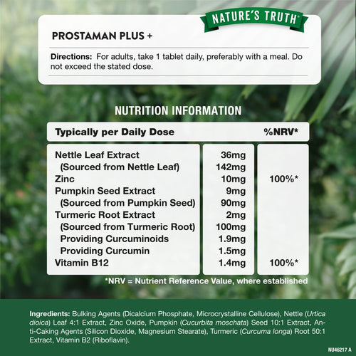 Supplement Facts panel for Prostate Plus, containing 60 vegan tablets, displayed on the hand scale for measurement.