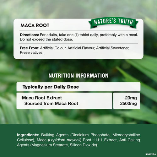 Maca Root 2500mg tablet containing 23mg of extract and 2500mg sourced from Maca Root, displayed on a hand scale.