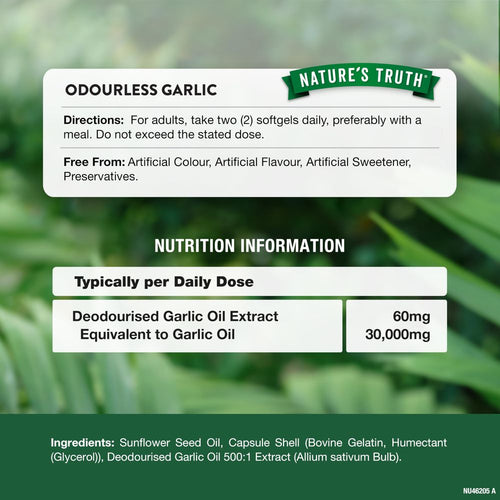 Odourless Garlic softgels with 60mg deodourised garlic oil extract, equivalent to 30,000mg garlic oil.