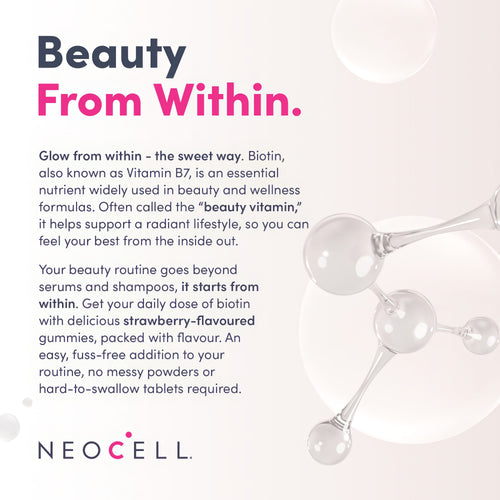 Product highlights graphic stating Beauty From Within. Biotin in tasty strawberry gummies; an easy, fuss-free addition.