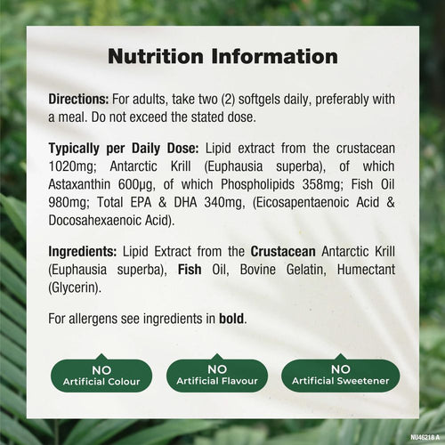 Supplement Facts for Krill Oil 2000mg, 60 softgels are displayed on a panel.
