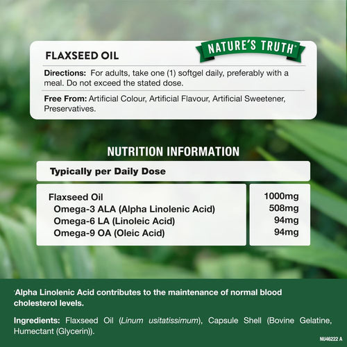 Hand holding a bottle of Flaxseed Oil 1000mg softgels, emphasizing supplement scale and packaging size.