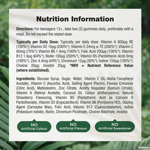 Nutrition information for NU Teen Multivitamin 60 Vegan Gummies, shown on a hand scale display.