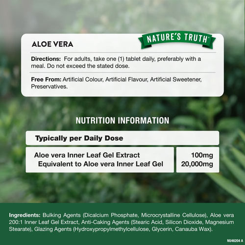 Hand holding a bottle of NU Aloe Vera 20,000mg with 60 vegan tablets, showing the nutrition information panel.