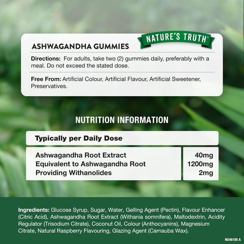 The Supplement Facts panel for 1200mg Ashwagandha Vegan Gummies provides dosage and nutrient information.