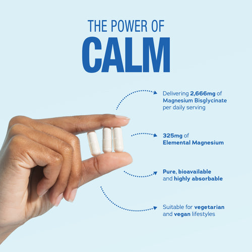 Product highlights graphic stating 2,666mg Magnesium Bisglycinate daily, 325mg Elemental Magnesium, Pure, bioavailable, highly absorbable, Vegetarian & vegan