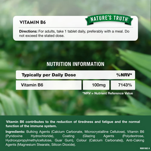 Supplement Facts panel for Nature's Truth Vitamin B6 tablets, showing dosage and ingredients.