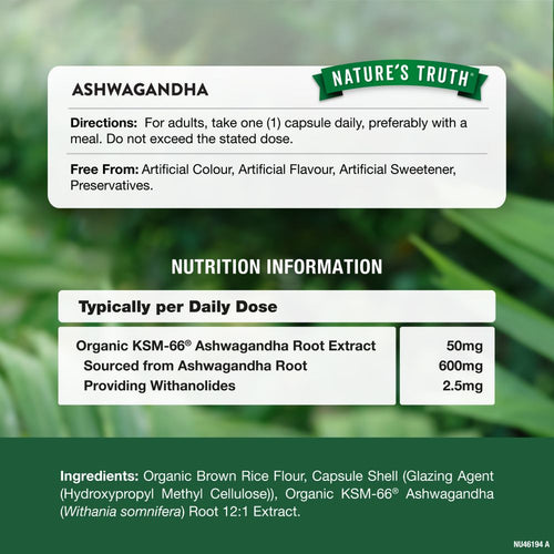 Supplement Facts panel for NU Organic Ashwagandha KSM 800mg 60 Capsules is shown in detail.