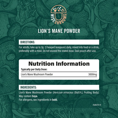 Hand measuring 3g daily dose of Lion's Mane Powder, equivalent to 3000mg or 1 heaped teaspoon, on a scale.