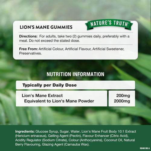 Two Lion's Mane Gummies provide 200mg of Lion's Mane Extract, equal to 2000mg of Lion's Mane Powder.