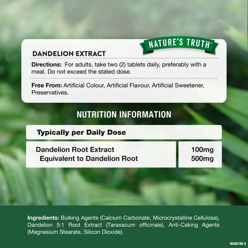 Two tablets daily: 100mg Dandelion Root Extract, equal to 500mg root. Image shows tablets on hand scale.