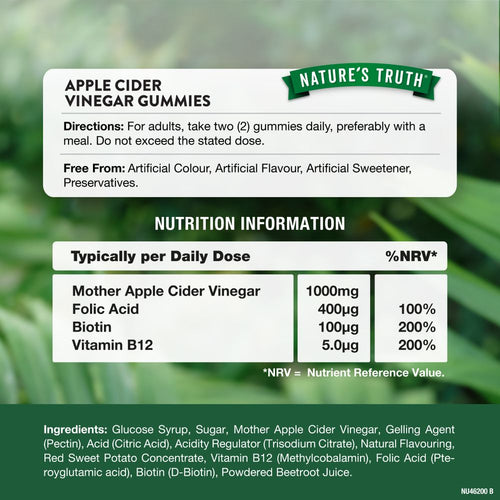 Supplement Facts panel for Apple Cider Vinegar 60 Vegan Gummies, detailing ingredients and nutritional information.
