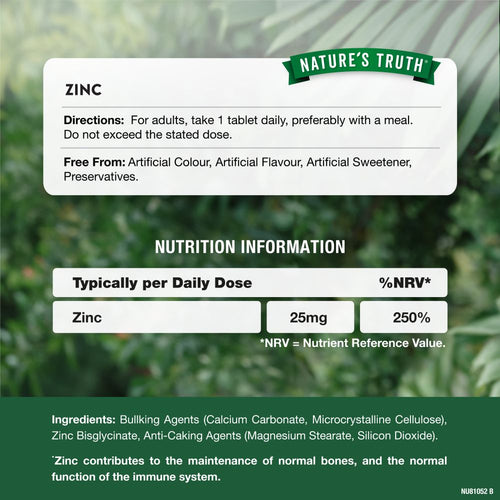 Label shows Zinc 25mg per dose (250% NRV). Directions: take 1 tablet daily. Lists ingredients and free-from claims.