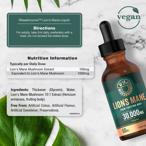 Wiseshrooms Lion's Mane Mushroom 30,000mg vegan liquid in a 60ml dropper bottle held in a hand.