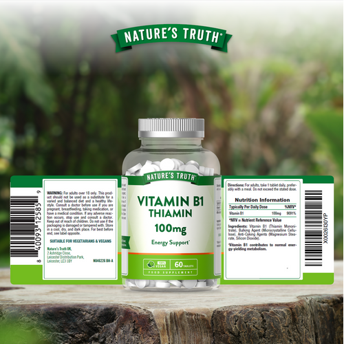 A clear bottle of 60 vegan tablets, each containing 100mg of Vitamin B1 Thiamin.