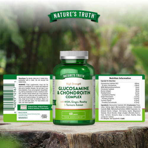 High Strength Glucosamine & Chondroitin Complex with MSM, Ginger, Rosehip, and Turmeric Extract, 60 Tablets.
