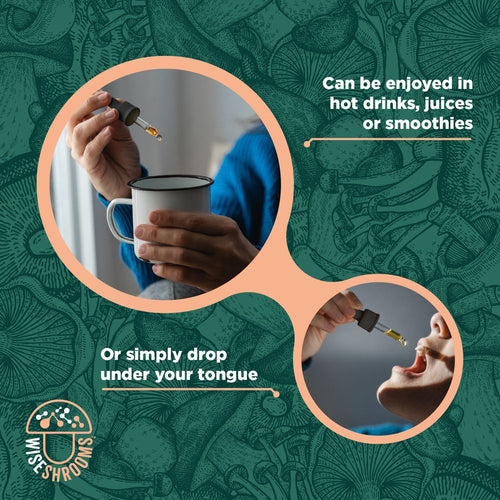 A person adds liquid to a mug with a dropper, while another dispenses liquid under their tongue.