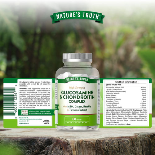 NU High Strength Glucosamine & Chondroitin Complex bottle with 60 white tablets visible.