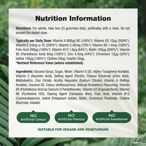 Supplement Facts panel displaying details for NU Adult Multivitamin 60 Vegan Gummies.