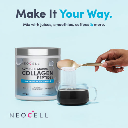 A hand pours Neocell Marine Collagen powder from a spoon into a coffee cup next to the product jar.