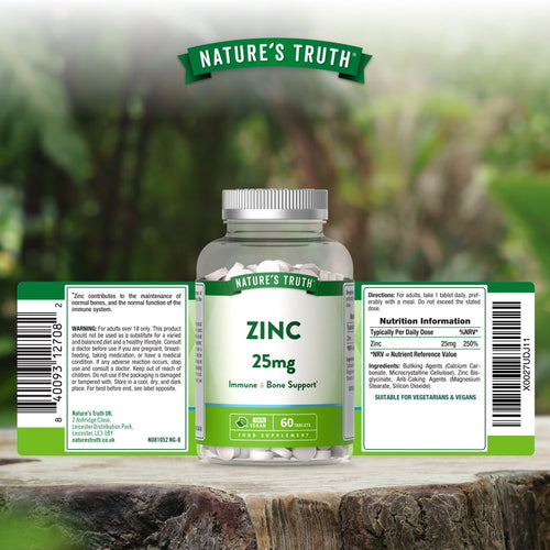 A clear bottle with 60 vegan tablets containing 25mg of zinc each.
