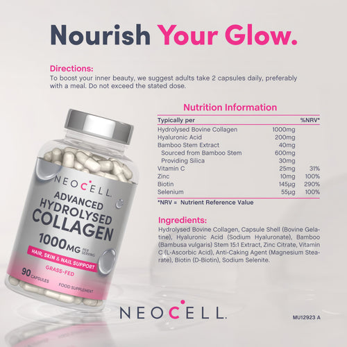 Neocell Advanced Hydrolysed Collagen 1000mg per serving in 90 capsules for hair, skin, and nail support.