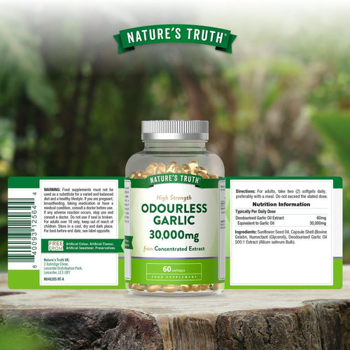 Hand holding a NU Odourless Garlic 30,000mg 60 Softgels bottle, showcasing the product size.