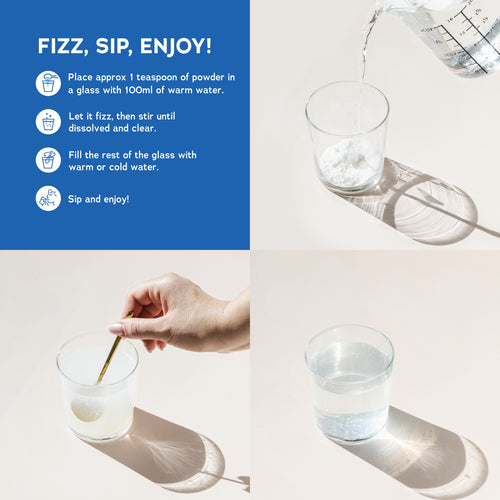 Graphic shows preparation instructions for NYNatural Vitality Calm Relax Drink Mix: add powder and water, stir, fill glass, sip.
