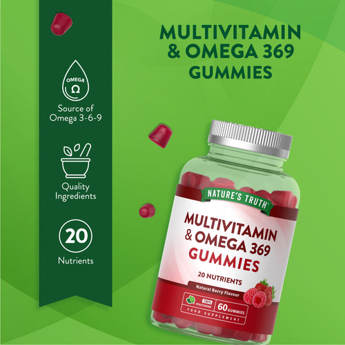 NU Omega 369 & Multivitamin 60 Vegetarian Gummies, natural berry flavor. Contains 20 nutrients, 100% vegetarian supplement.
