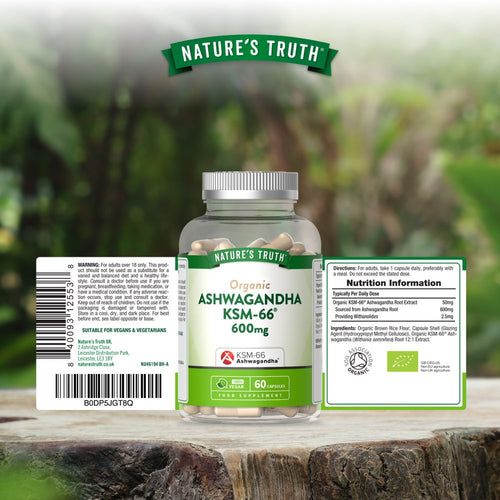 A clear bottle containing 60 Organic Ashwagandha KSM-66 capsules, each 600mg, is displayed.