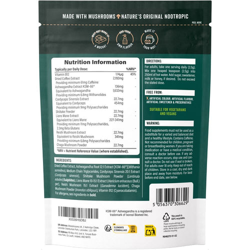 Mushroom Coffee 100g Vegan Powder pouch showing Nutrition, Directions, Free From, and Warning details on scale.
