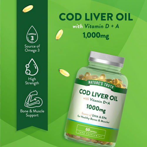 Product highlights graphic stating COD LIVER OIL with Vitamin D + A, 1,000mg, Source of Omega 3, High Strength, Bone & Muscle Support.