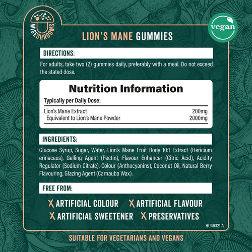 Label showing Lion's Mane Gummies: 200mg extract, equivalent to 2000mg powder, per two gummies.