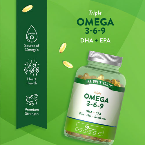 Product highlights graphic stating it is a source of Omegas, supports heart health, and offers premium strength.