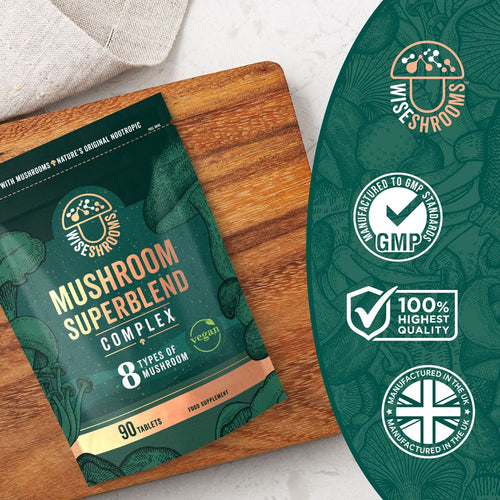 Hand holding a pouch of Wiseshrooms Mushroom Superblend Complex, 90 vegan tablets, showcasing size and packaging.