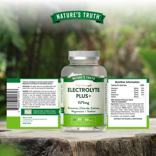 NU Electrolyte Plus 1575mg High Strength vegan tablets, 60 tablets, shown packed in a hand for scale.